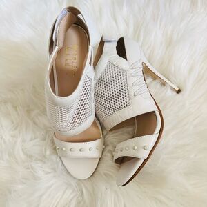 Nicole Miller Artelier leather strappy fishnet white high heels sandals shoes